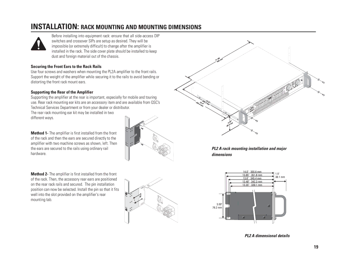 QSC Audio PL224A, PL230A Installation Rack Mounting and Mounting Dimensions, Securing the Front Ears to the Rack Rails 