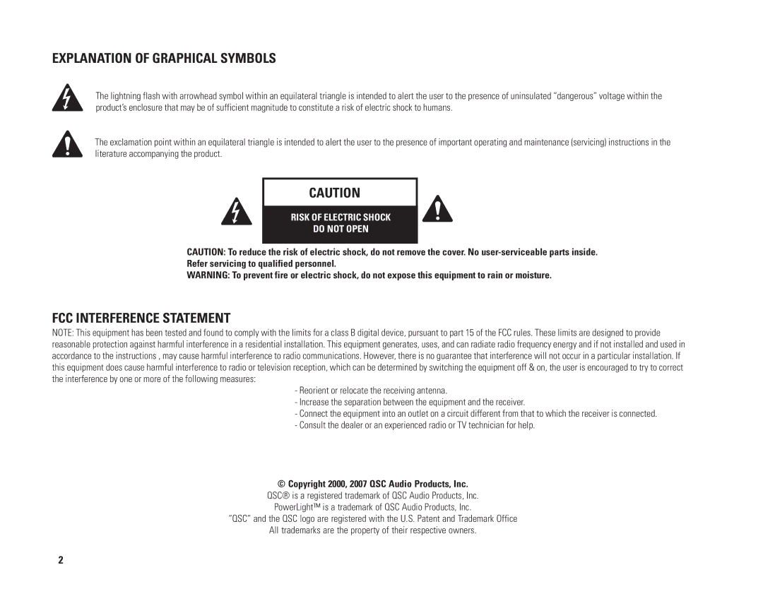 QSC Audio PL236A Explanation of Graphical Symbols, FCC Interference Statement, Refer servicing to qualified personnel 