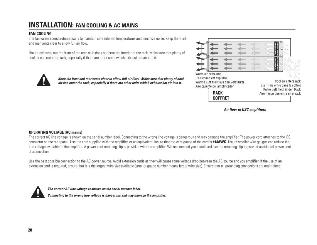 QSC Audio PL230A, PL218A, PL236A, PL224A user manual Installation FAN Cooling & AC Mains, Operating Voltage AC mains 