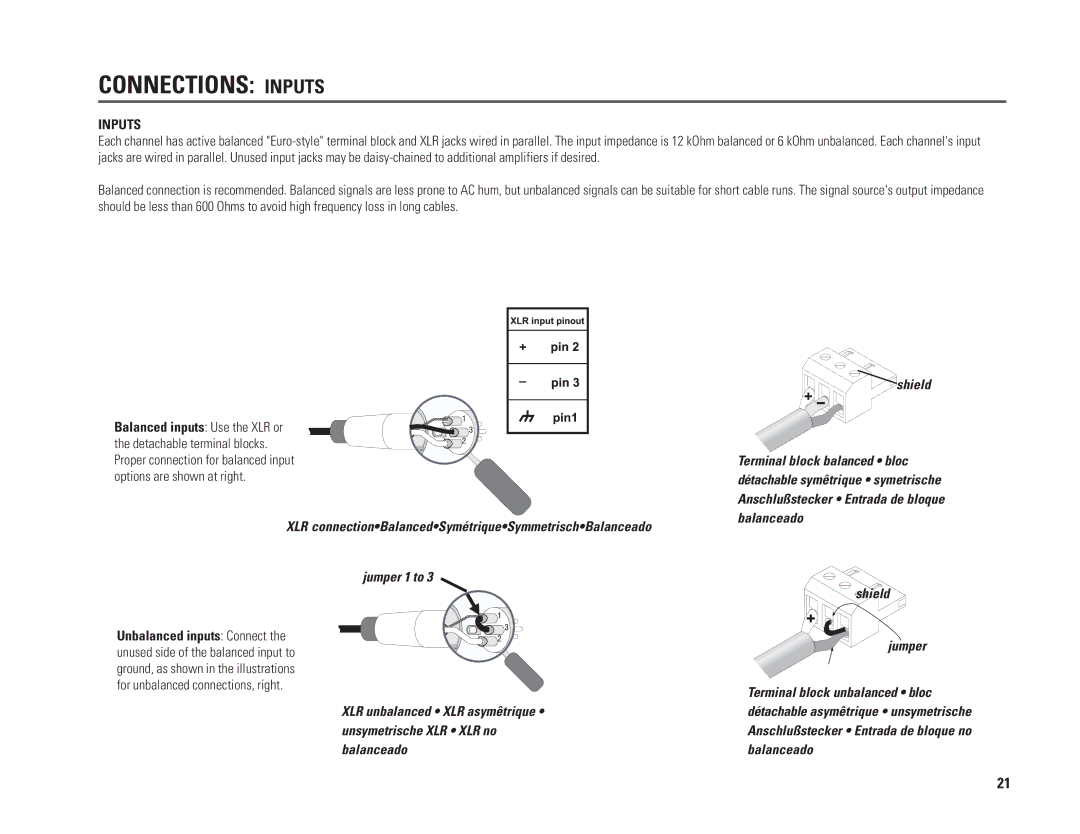 QSC Audio PL218A, PL230A, PL236A, PL224A user manual Connections Inputs 