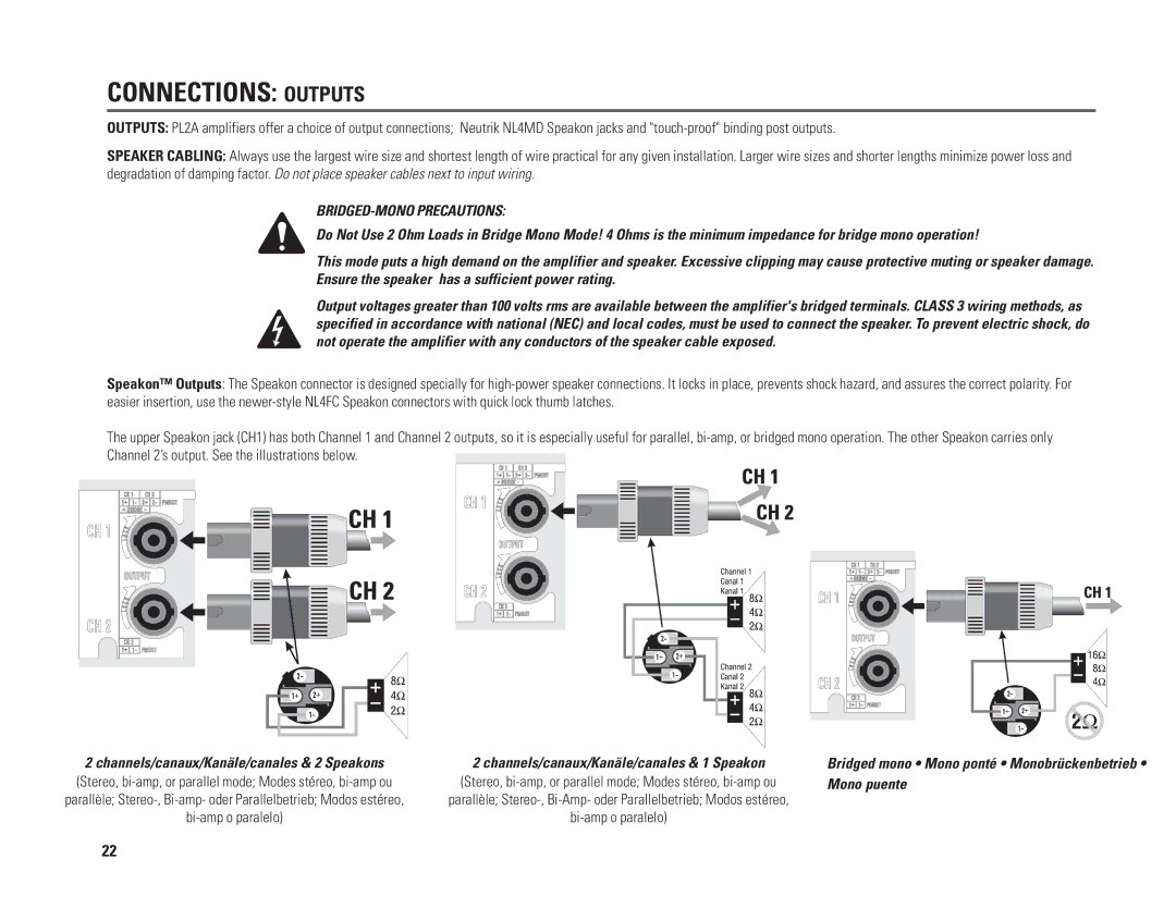 QSC Audio PL236A, PL230A, PL218A, PL224A user manual Connections Outputs, BRIDGED-MONO Precautions 