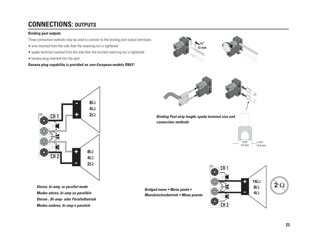 QSC Audio PL224A, PL230A, PL218A, PL236A user manual Binding post outputs 