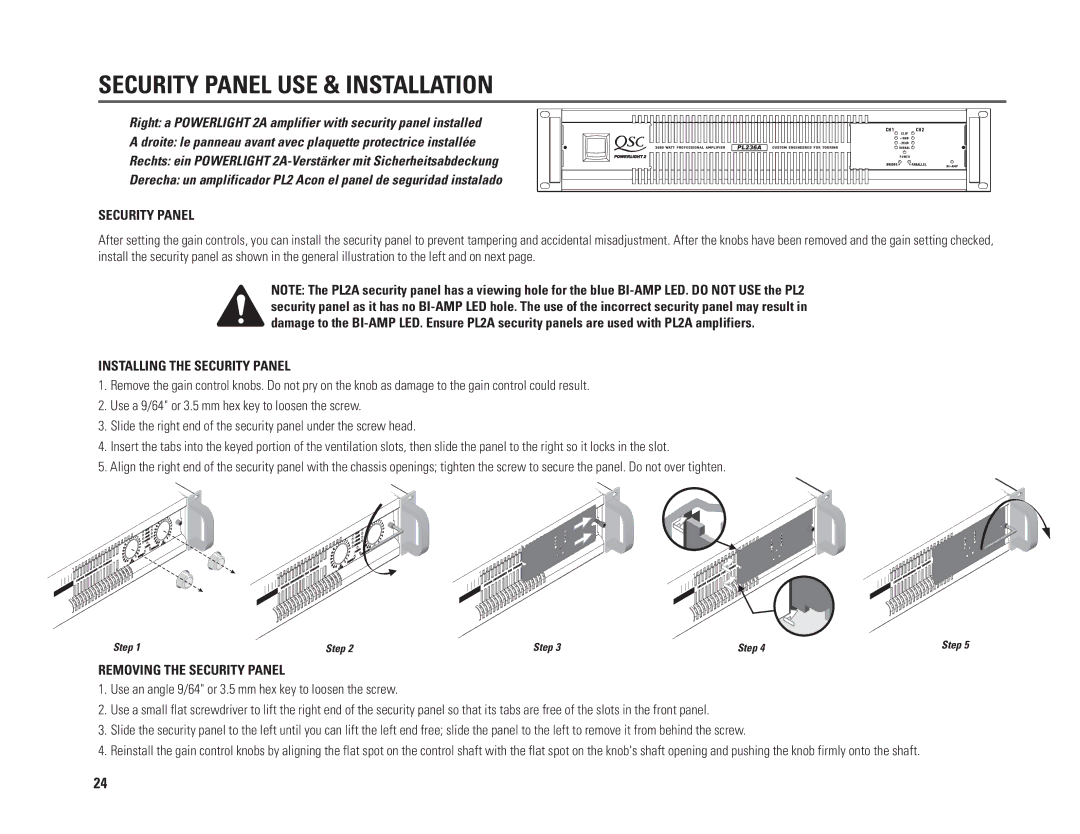 QSC Audio PL230A, PL218A Security Panel USE & Installation, Installing the Security Panel, Removing the Security Panel 