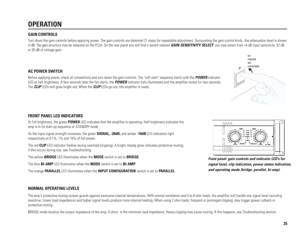 QSC Audio PL218A, PL230A, PL236A, PL224A user manual Operation, Gain Controls 