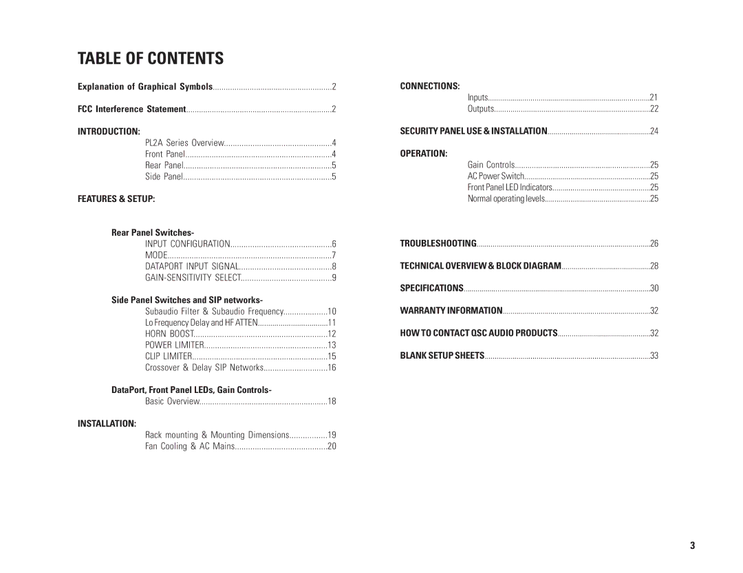 QSC Audio PL224A, PL230A, PL218A, PL236A user manual Table of Contents 