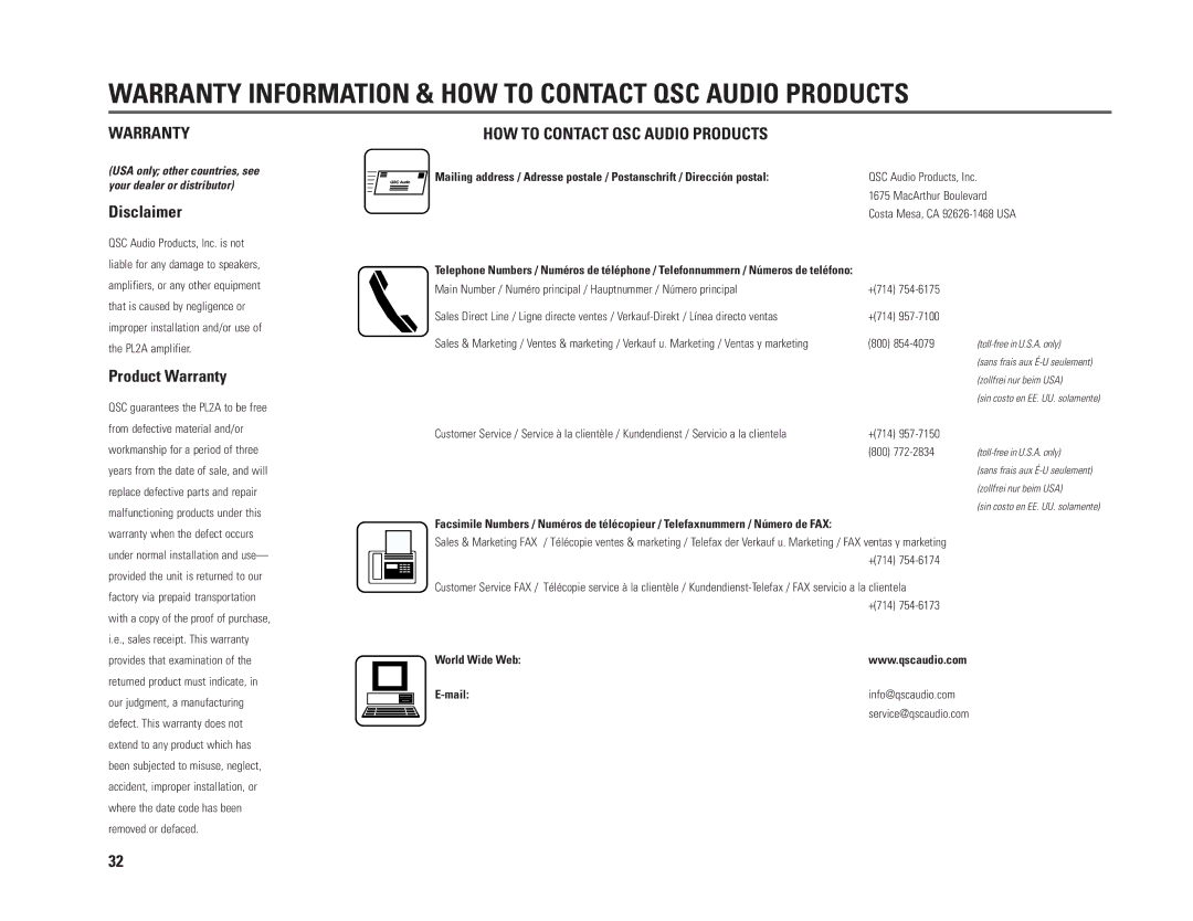 QSC Audio PL230A, PL218A, PL236A, PL224A user manual Warranty Information & HOW to Contact QSC Audio Products 