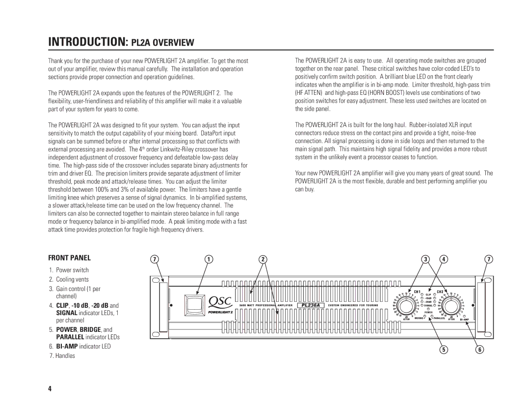 QSC Audio PL230A, PL218A, PL236A, PL224A user manual Introduction PL2A Overview, Front Panel 