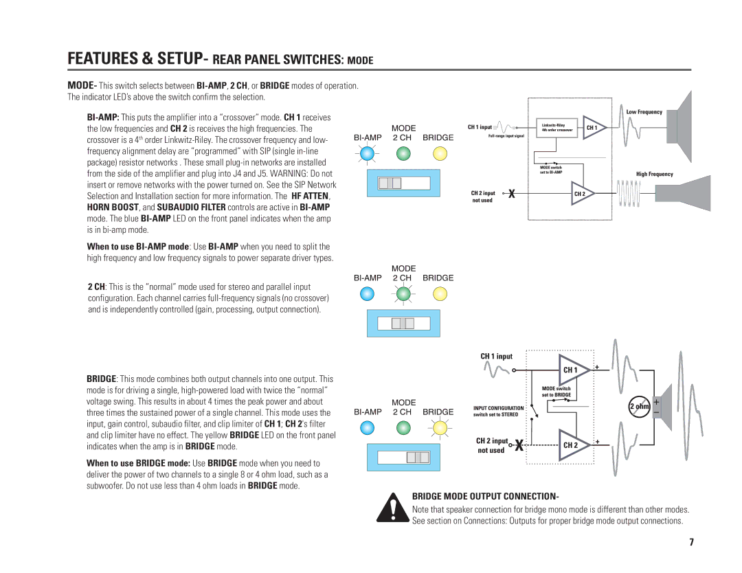 QSC Audio PL224A, PL230A, PL218A, PL236A user manual Features & SETUP- Rear Panel Switches Mode, Bridge Mode Output Connection 