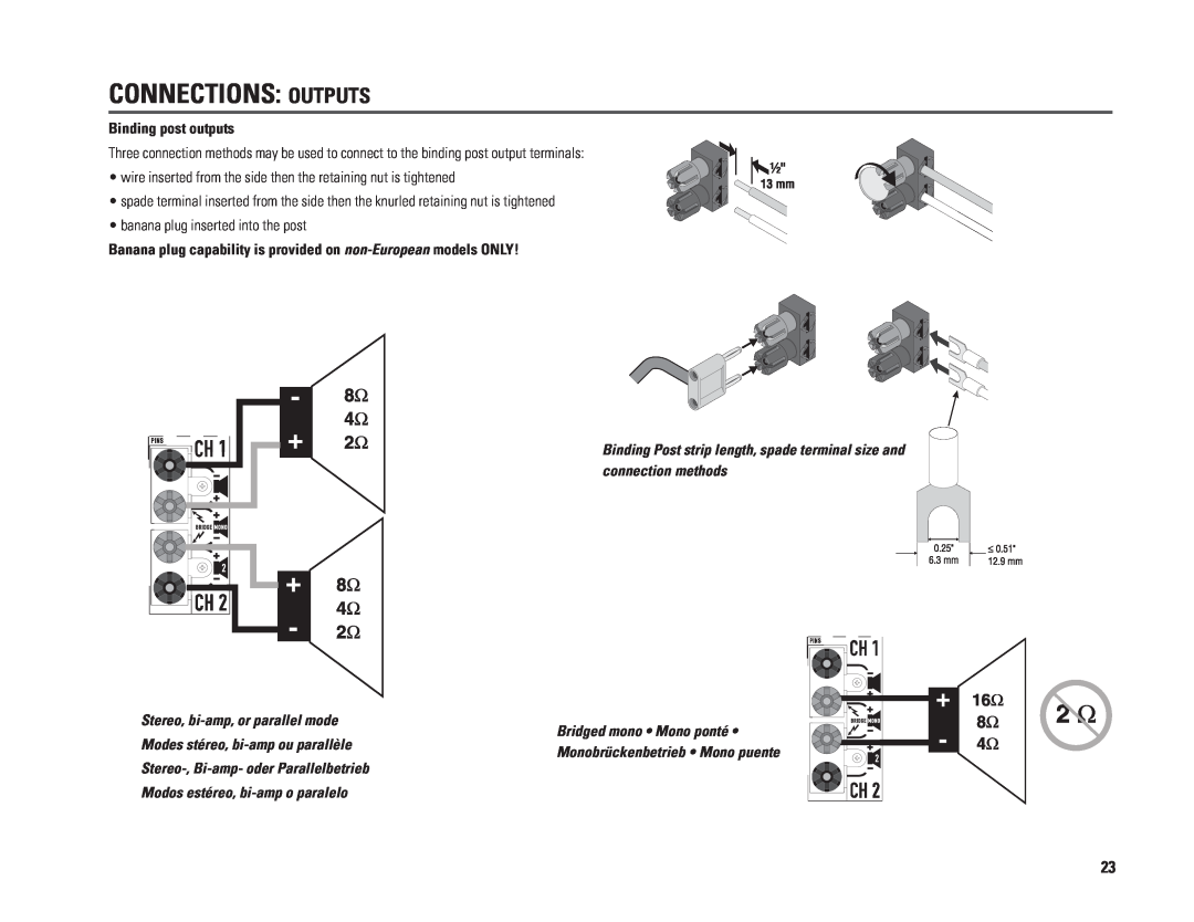 QSC Audio PL224A, PL230A, PL218A, PL236A user manual Connections Outputs, Binding post outputs 