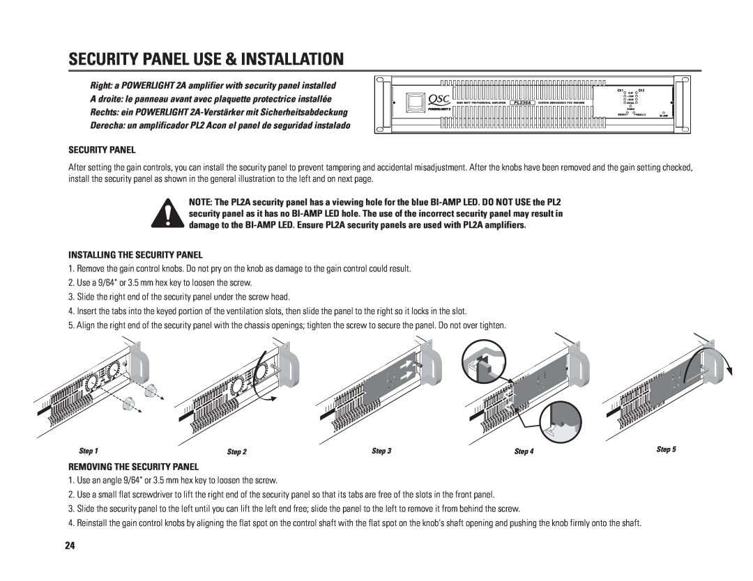 QSC Audio PL230A, PL218A Security Panel Use & Installation, Installing The Security Panel, Removing The Security Panel 