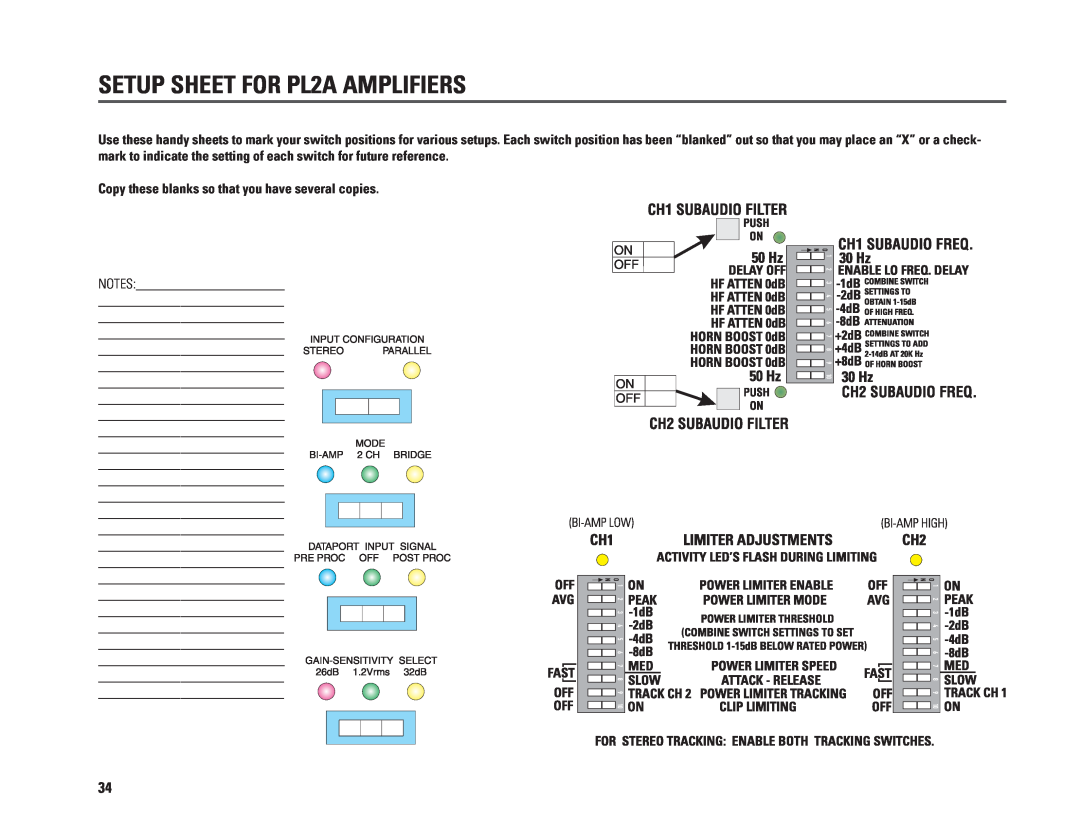 QSC Audio PL236A, PL230A, PL218A, PL224A SETUP SHEET FOR PL2A AMPLIFIERS, Copy these blanks so that you have several copies 
