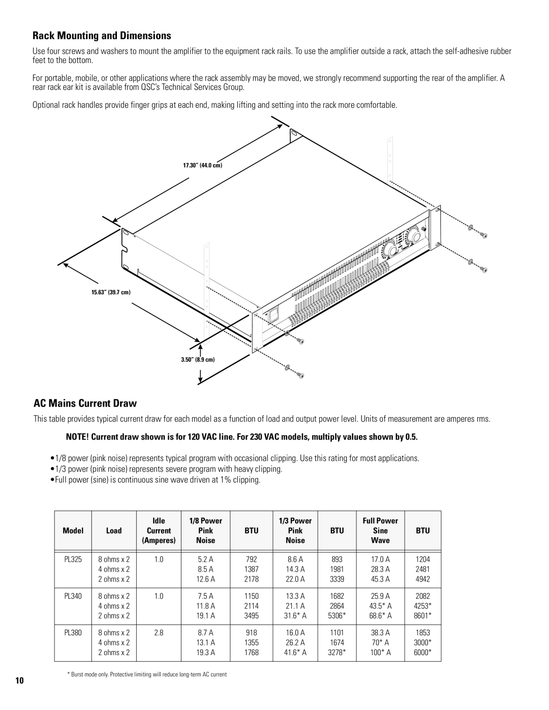 QSC Audio PL380, PL340, PL325 user manual Rack Mounting and Dimensions 