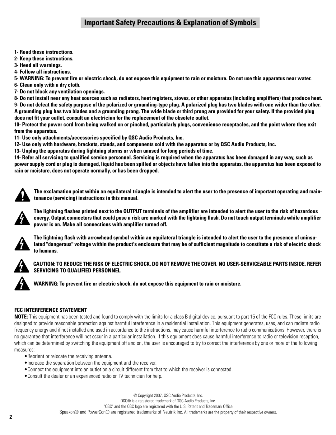 QSC Audio PL325, PL340, PL380 user manual Important Safety Precautions & Explanation of Symbols, FCC Interference Statement 