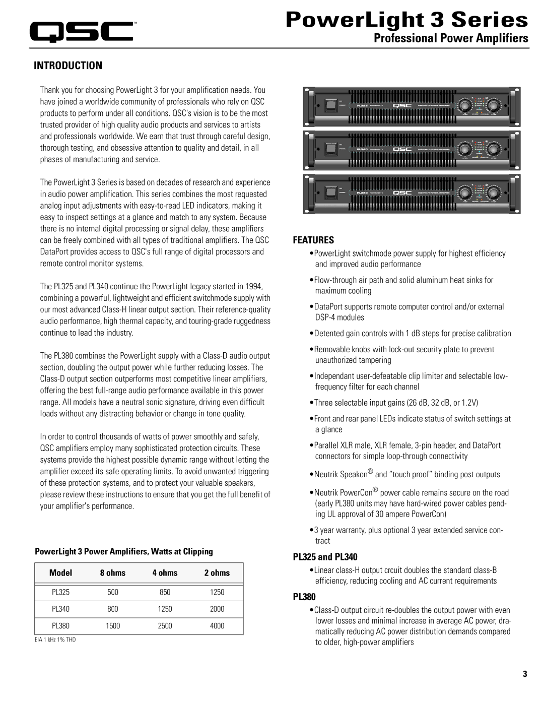 QSC Audio user manual Professional Power Amplifiers, Features, PL325 and PL340, PL380 