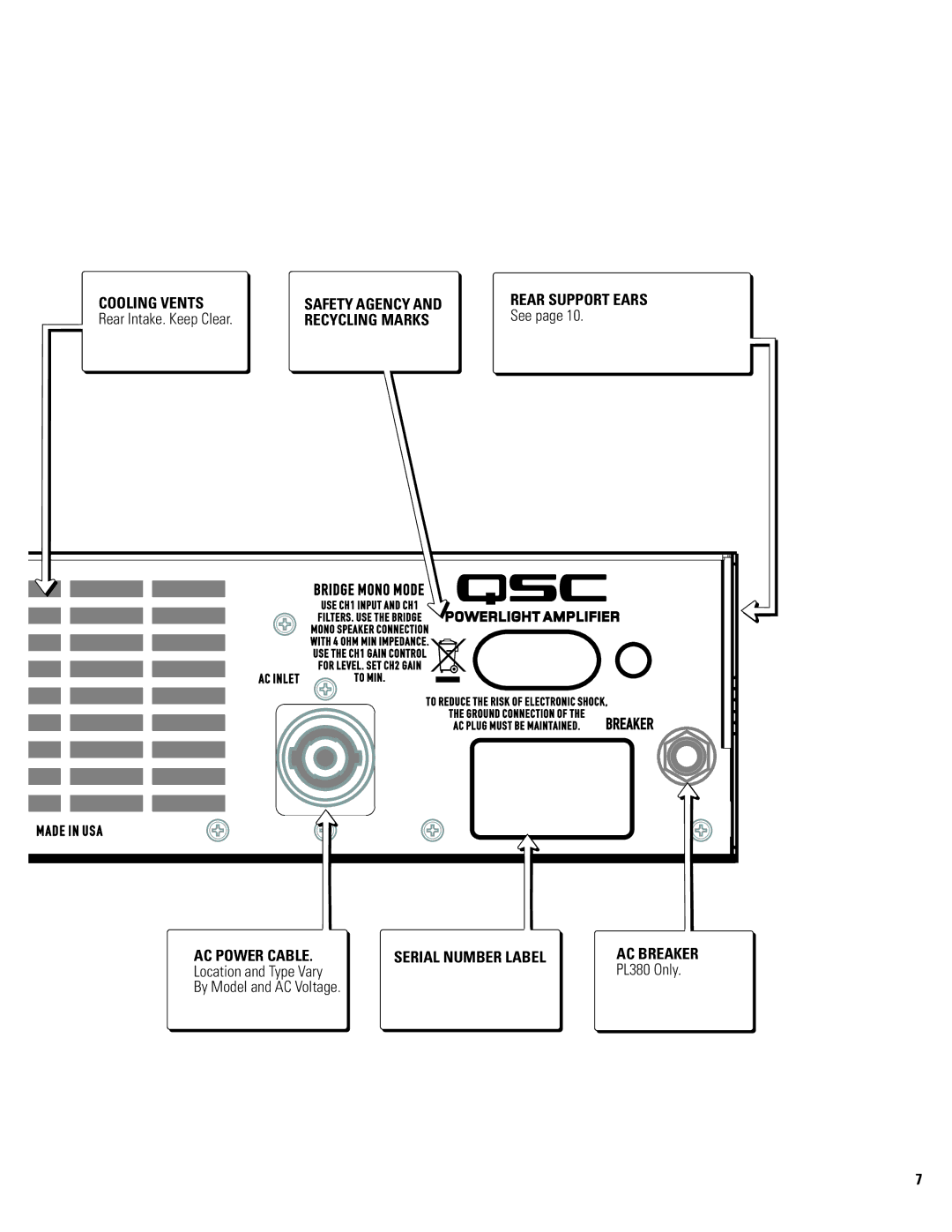 QSC Audio PL380, PL340, PL325 user manual Cooling Vents Safety Agency, Rear Intake. Keep Clear, Recycling Marks, See 