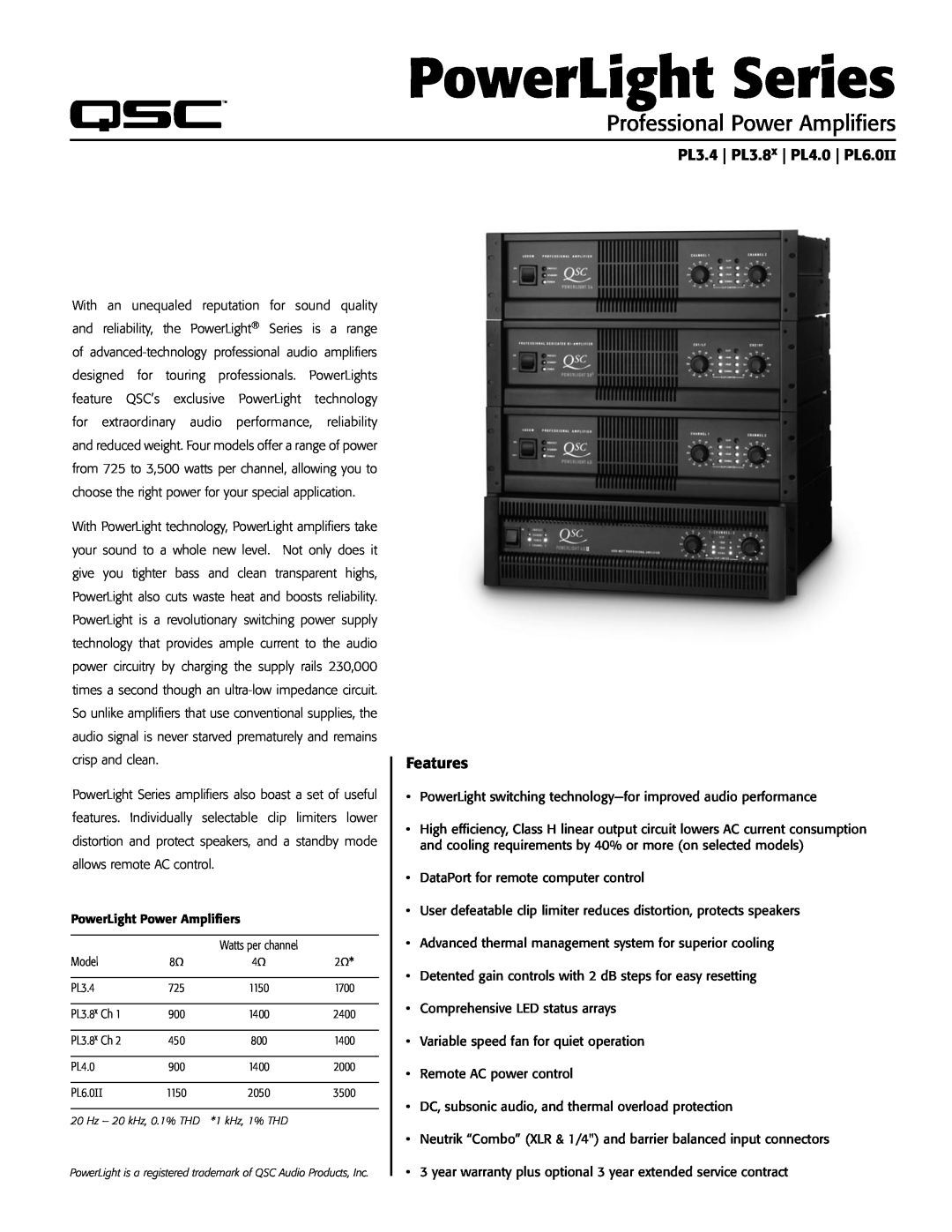 QSC Audio warranty PL3.4 PL3.8x PL4.0 PL6.0II, Features, PowerLight Series, Professional Power Amplifiers 