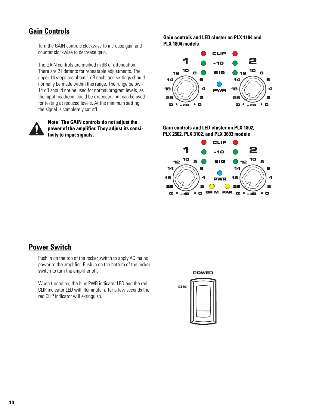 QSC Audio PLX 1104 user manual Gain Controls, Power Switch 