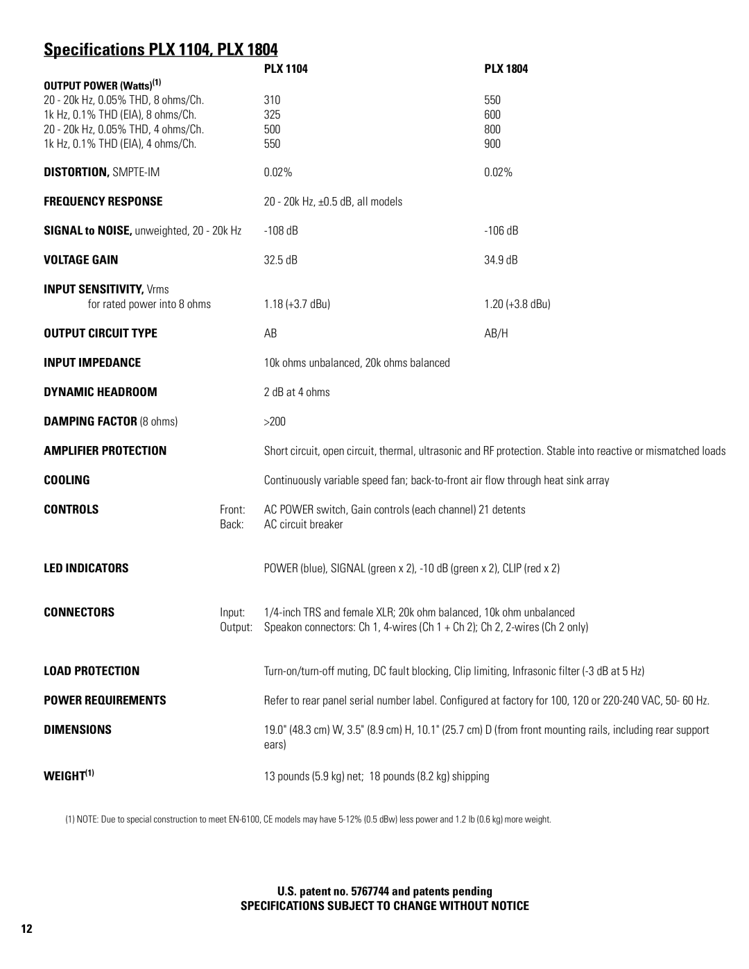 QSC Audio user manual Specifications PLX 1104, PLX 