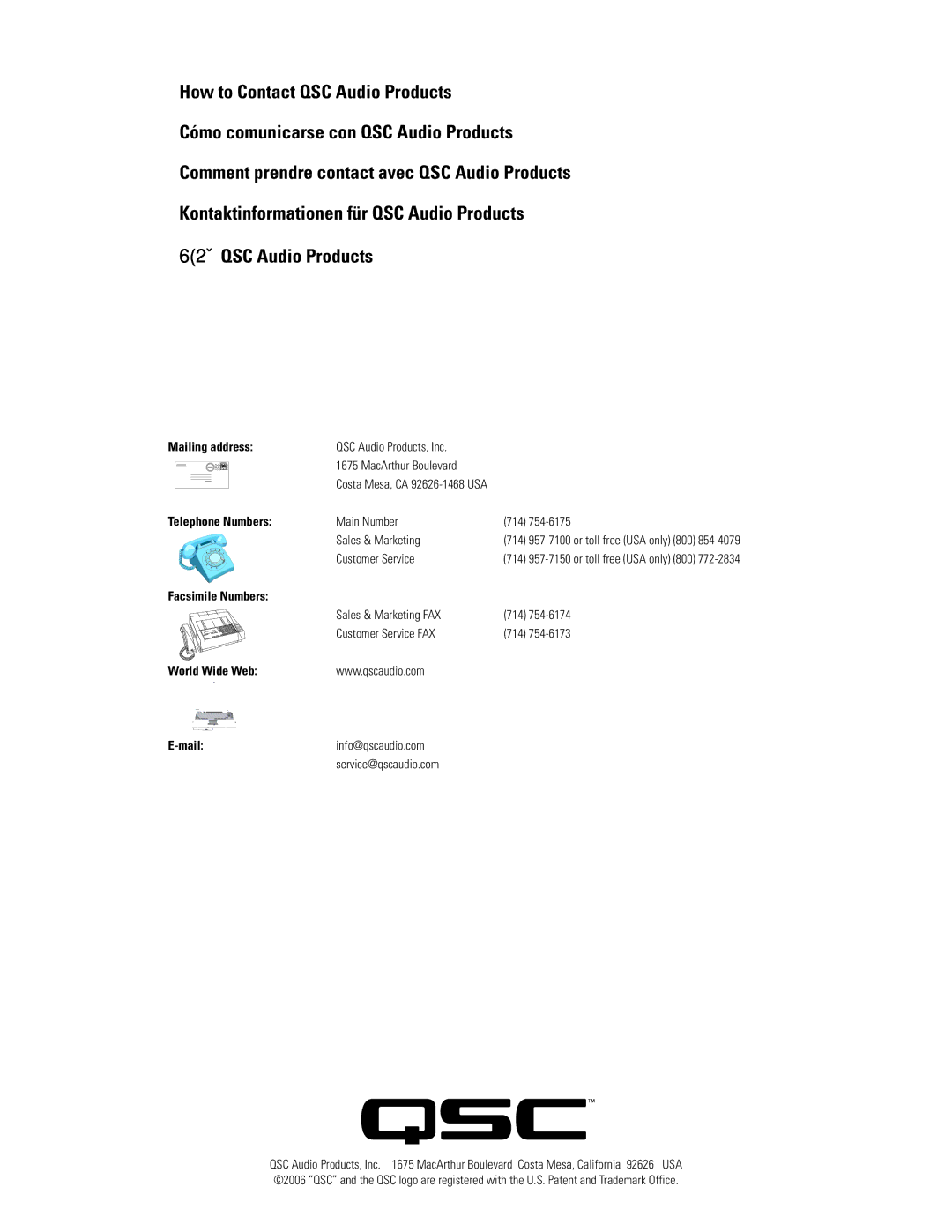 QSC Audio PLX 1104 user manual Mailing address 