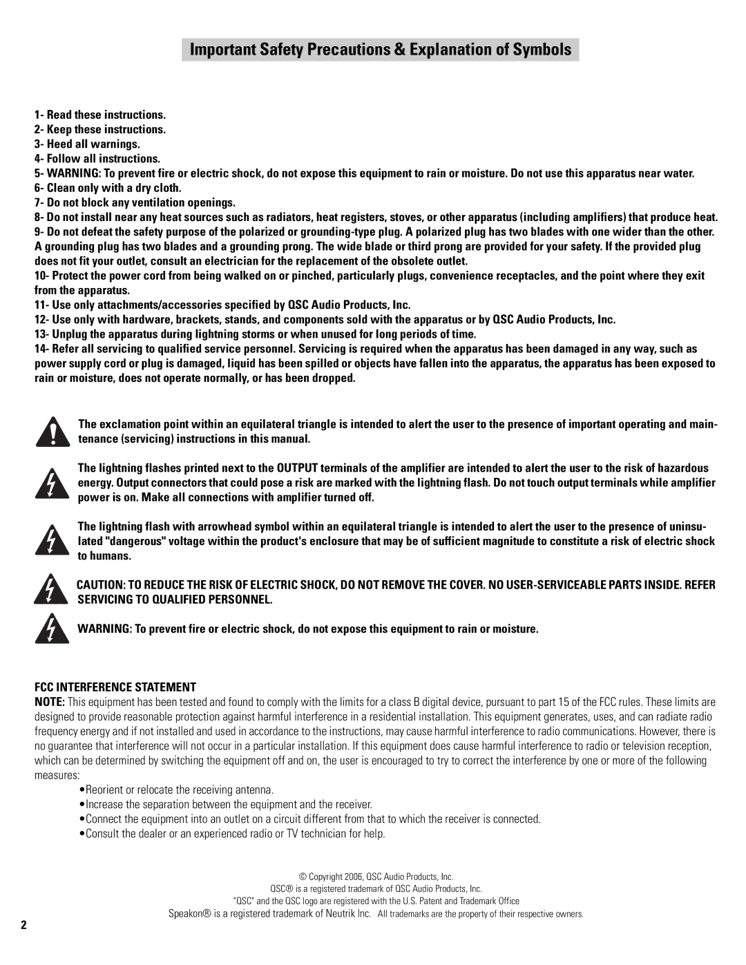 QSC Audio PLX 1104 user manual Important Safety Precautions & Explanation of Symbols, FCC Interference Statement 