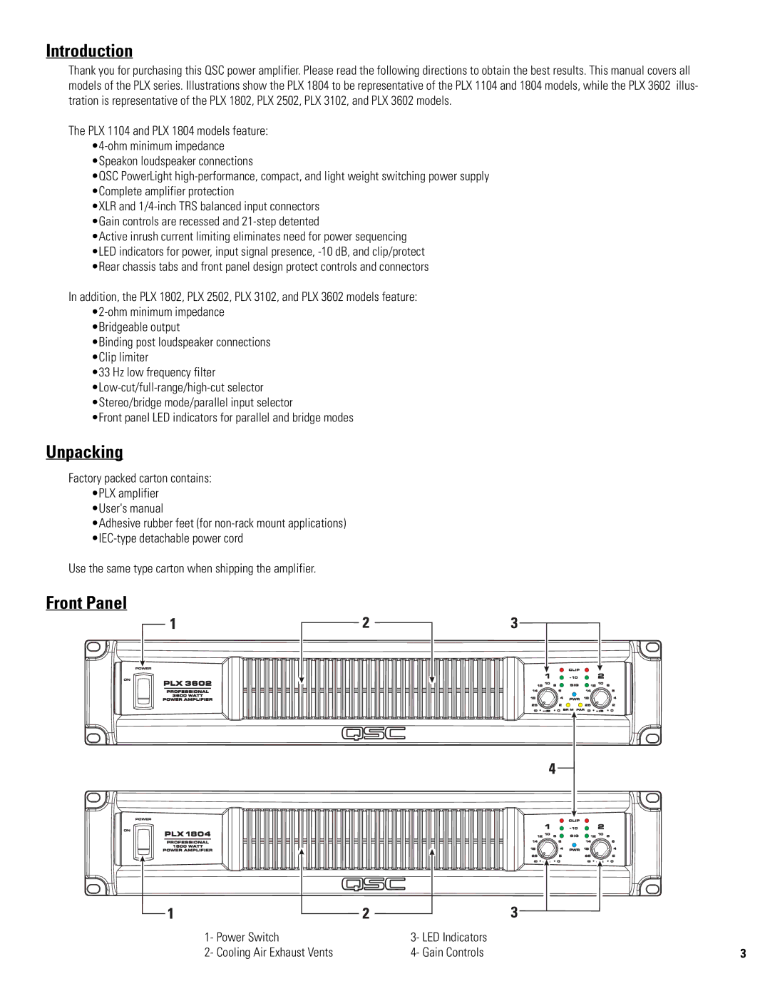 QSC Audio PLX 1104 user manual Introduction, Unpacking, Front Panel 