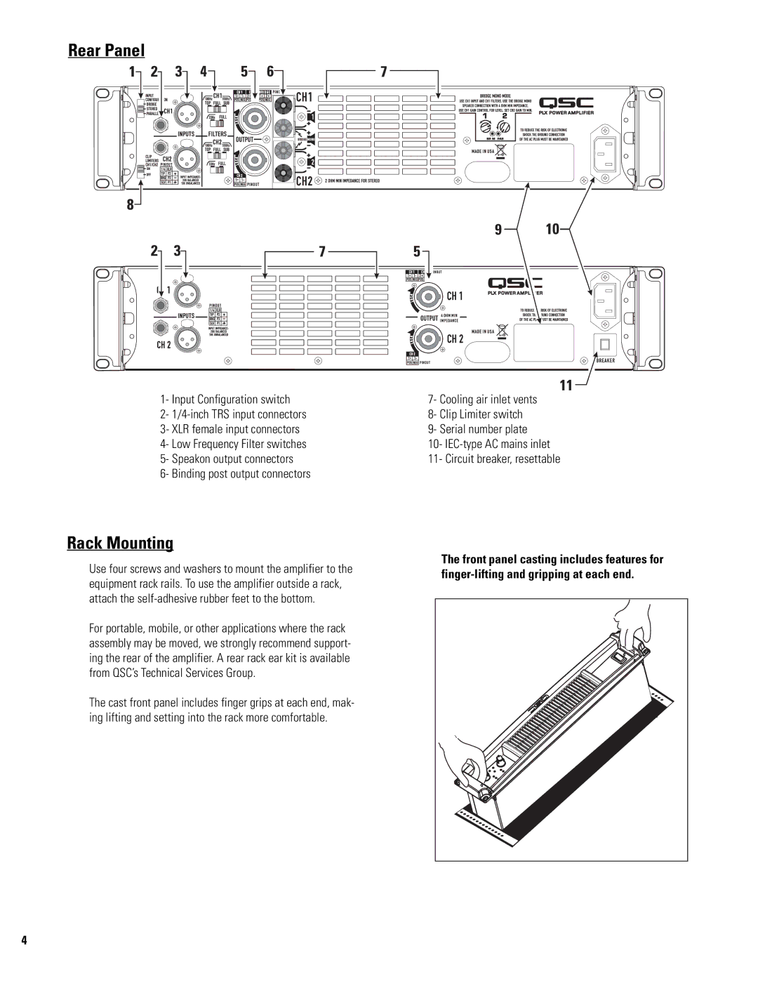 QSC Audio PLX 1104 user manual Rear Panel, Rack Mounting 