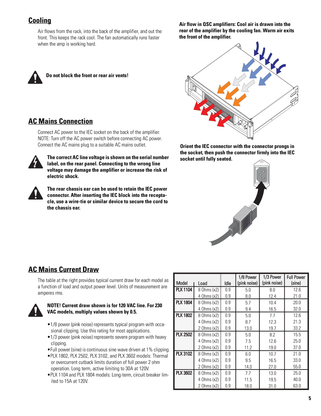 QSC Audio PLX 1104 user manual Cooling, AC Mains Connection, AC Mains Current Draw 