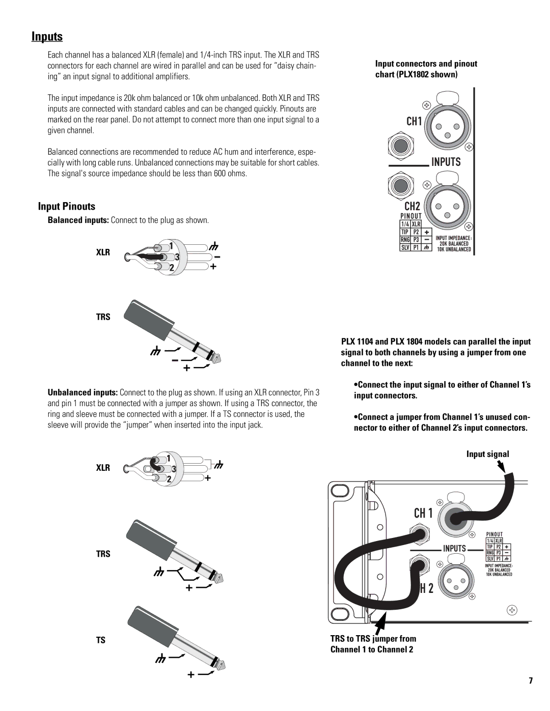 QSC Audio PLX 1104 user manual Inputs, Xlr Trs 