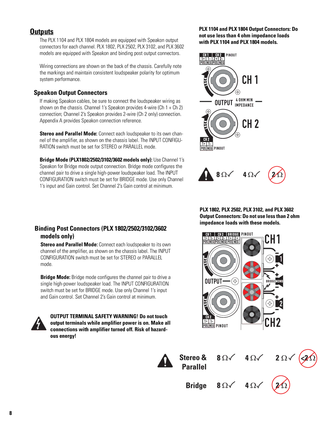 QSC Audio PLX 1104 user manual Outputs, Speakon Output Connectors 