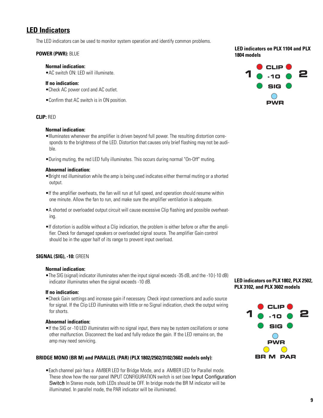 QSC Audio PLX 1104 user manual LED Indicators, Power PWR Blue, Clip RED, Signal SIG, -10 Green 