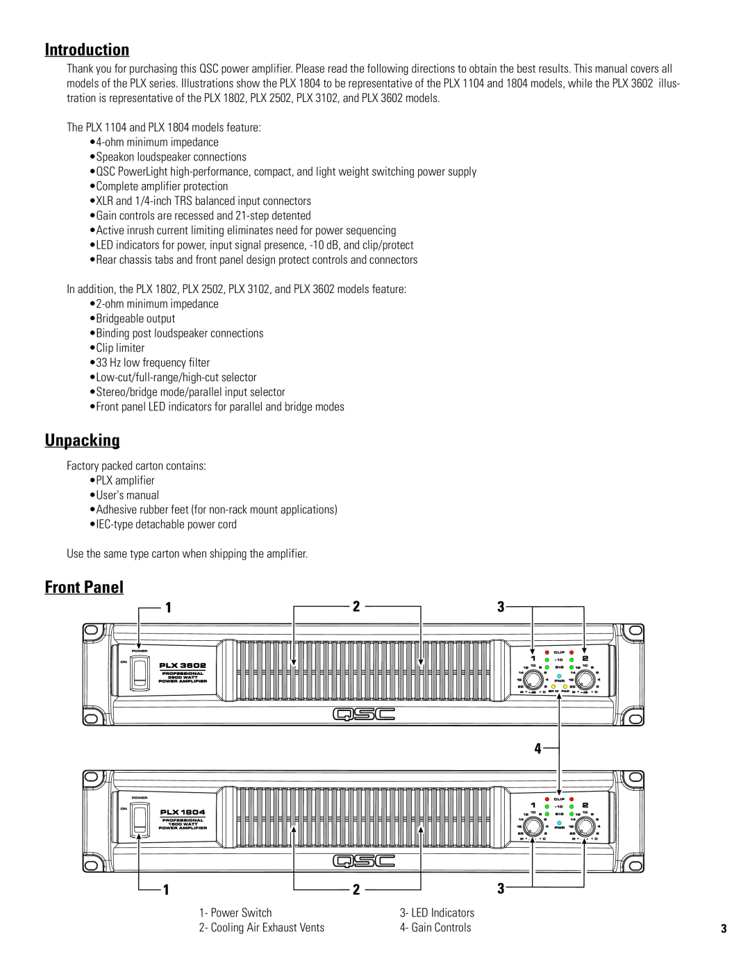 QSC Audio PLX 1104 user manual Introduction, Unpacking, Front Panel 