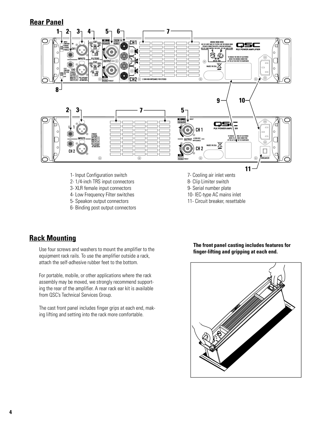QSC Audio PLX 1104 Rear Panel, Rack Mounting, Input Configuration switch, Cooling air inlet vents, Clip Limiter switch 