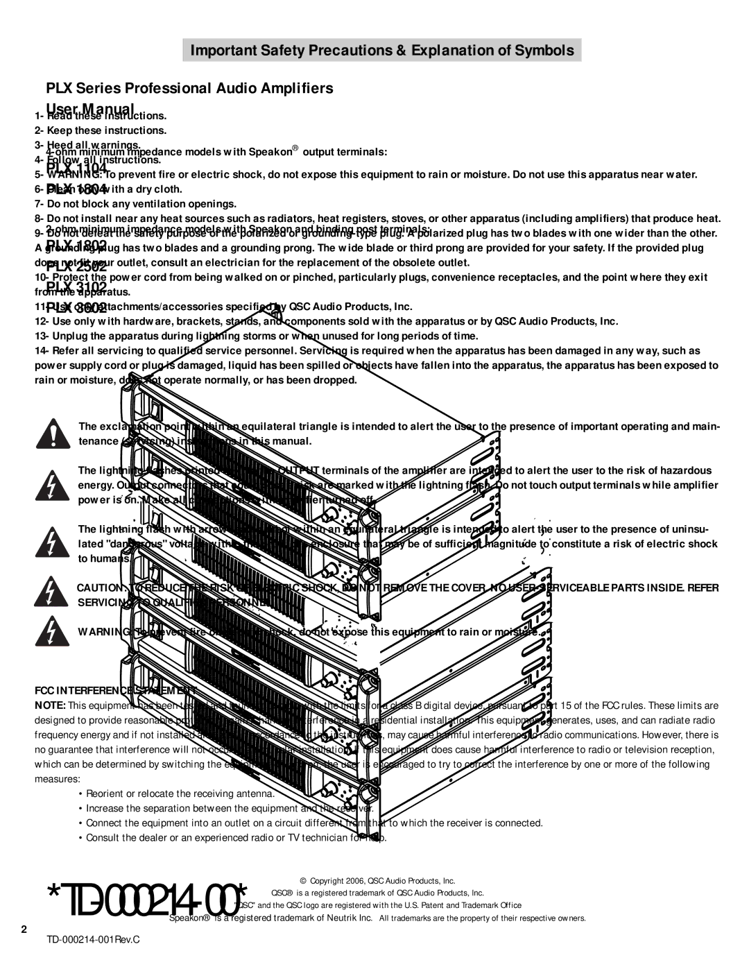 QSC Audio PLX 1804, PLX 3102, PLX 1802 Important Safety Precautions & Explanation of Symbols, FCC Interference Statement 