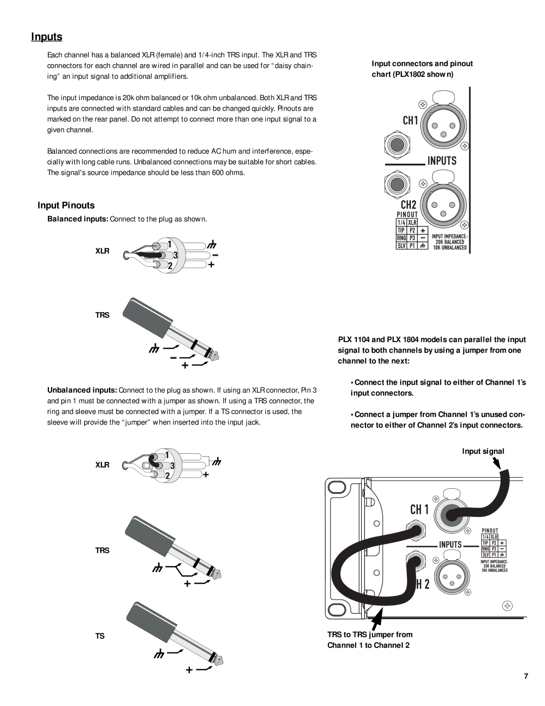 QSC Audio PLX 1802, PLX 3102, PLX 1804, PLX 2502, PLX 3602, PLX 1104 user manual Inputs, Xlr Trs 