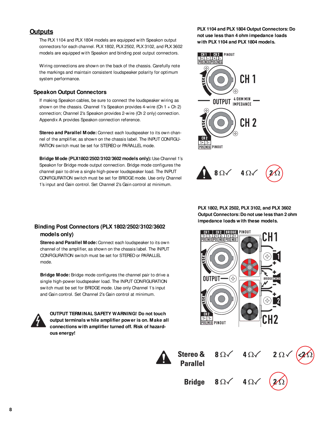 QSC Audio PLX 1804, PLX 3102, PLX 1802, PLX 2502, PLX 3602, PLX 1104 user manual Outputs, Speakon Output Connectors 