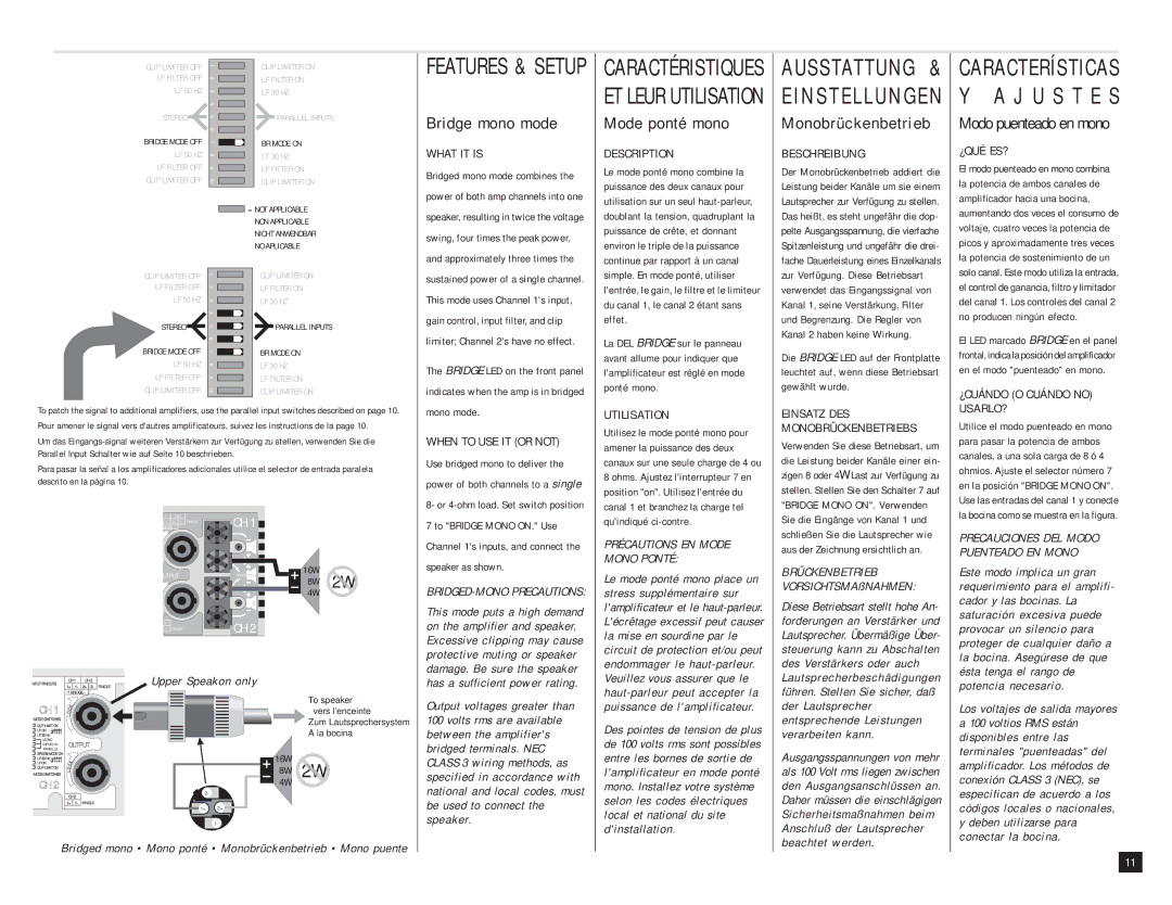 QSC Audio PLX 1602, PLX 3402, PLX 1202 Bridge mono mode Mode ponté mono, Monobrückenbetrieb, Modo puenteado en mono 