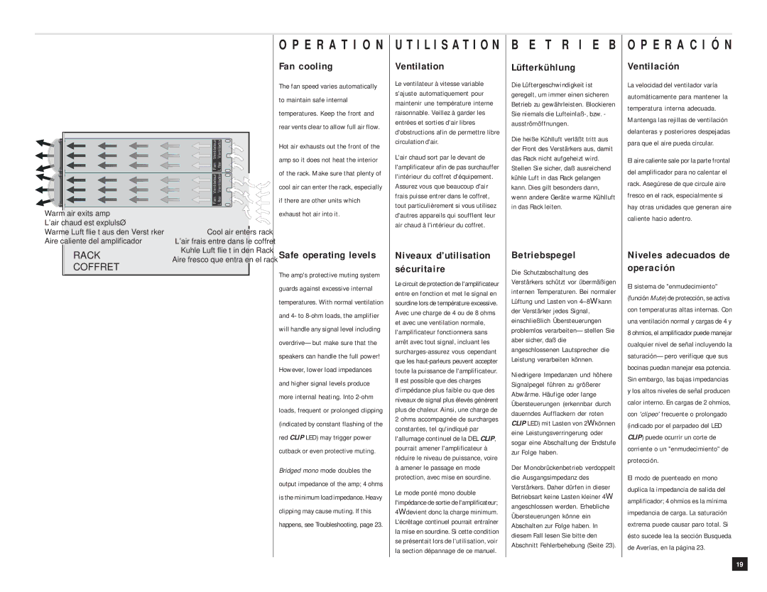 QSC Audio PLX 3002, PLX 3402 Fan cooling, Safe operating levels, Ventilation, Lüfterkühlung, Betriebspegel, Ventilación 