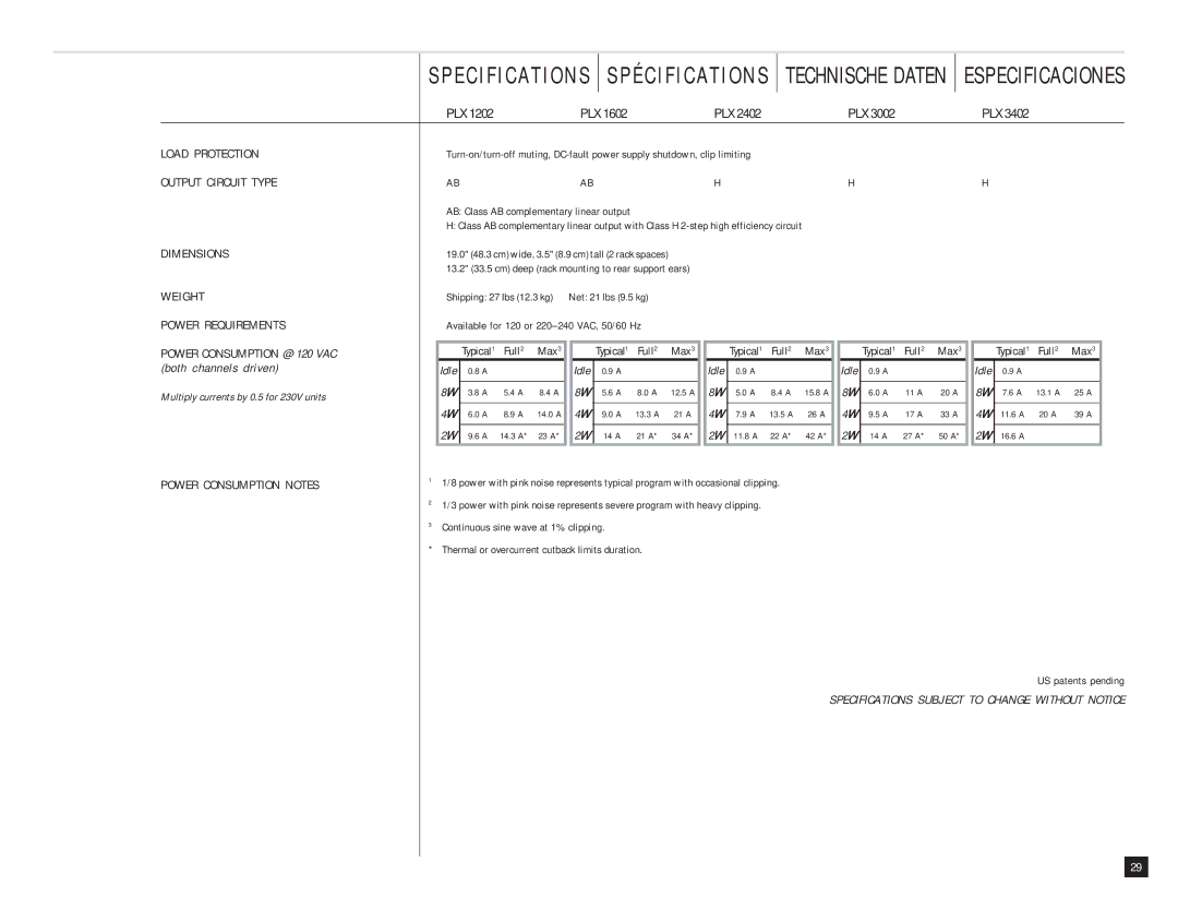 QSC Audio PLX 3002, PLX 3402, PLX 1602, PLX 1202 Both channels driven, Specifications Subject to Change Without Notice 