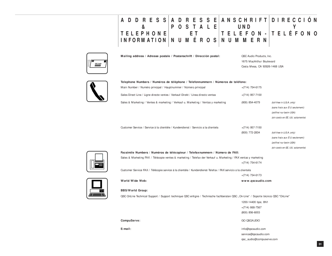 QSC Audio PLX 1602 D R E S S L E P H O N E I N F O R M a T I O N S C H R I F T, R E C C I Ó N L É F O N O, CompuServe 