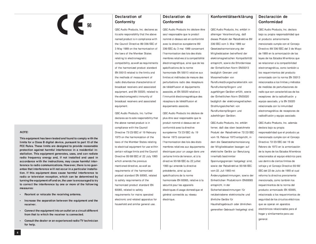 QSC Audio PLX 3002 Declaration Conformity, Déclaration de Conformité, Konformitätserklärung, Declaración de Conformidad 