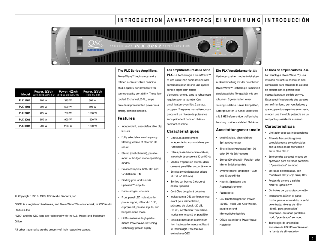 QSC Audio PLX 3402 N F Ü H R U N G T R O D U C C I Ó N, Features, Caractéristiques, Ausstattungsmerkmale, Características 