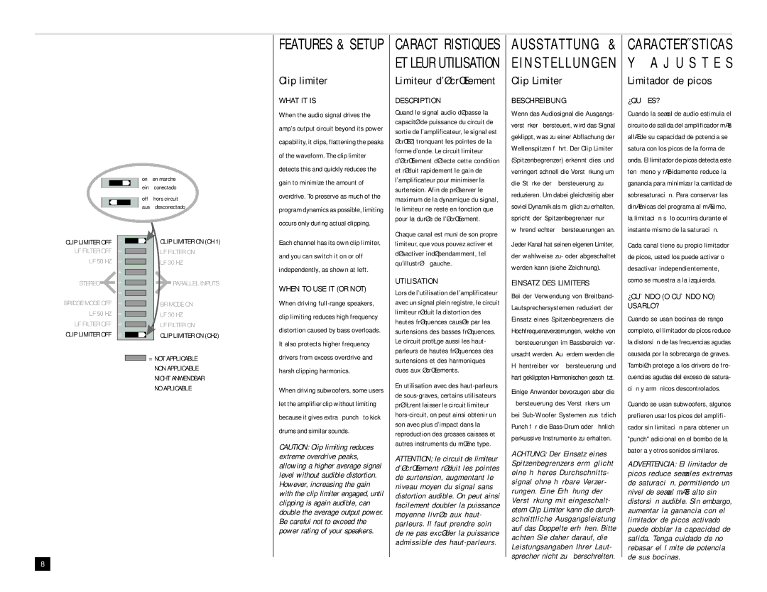 QSC Audio PLX 2402, PLX 3402, PLX 1602, PLX 1202, PLX 3002 user manual Clip limiter, Limiteur décrêtement, Limitador de picos 