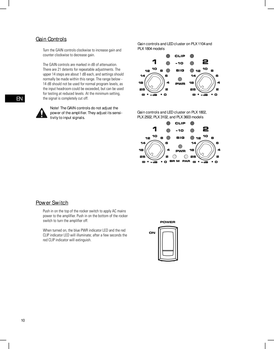 QSC Audio PLX1804, PLX2502 Gain Controls, Power Switch, Counter clockwise to decrease gain, Signal is completely cut off 