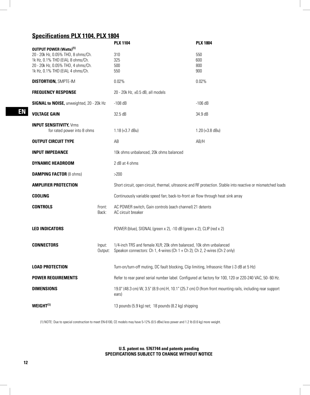 QSC Audio PLX1802, PLX1804, PLX2502, PLX3102, PLX3602 user manual Specifications PLX 1104, PLX 