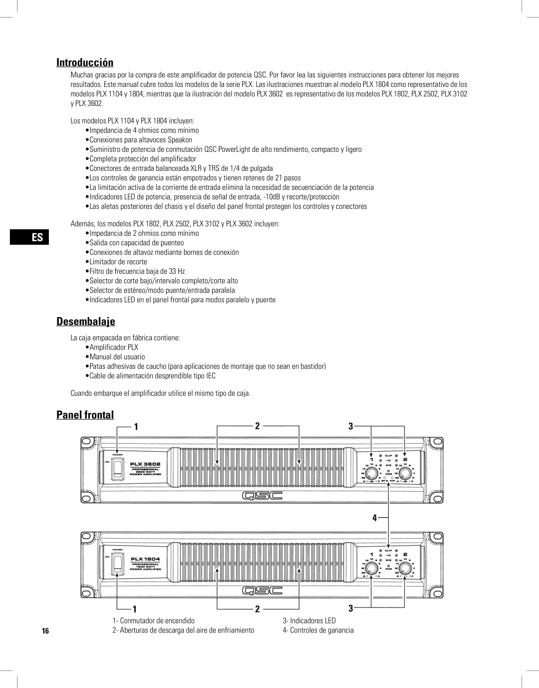 QSC Audio PLX2502, PLX1804, PLX1802 Introducción, Desembalaje, Panel frontal, Conmutador de encendido Indicadores LED 