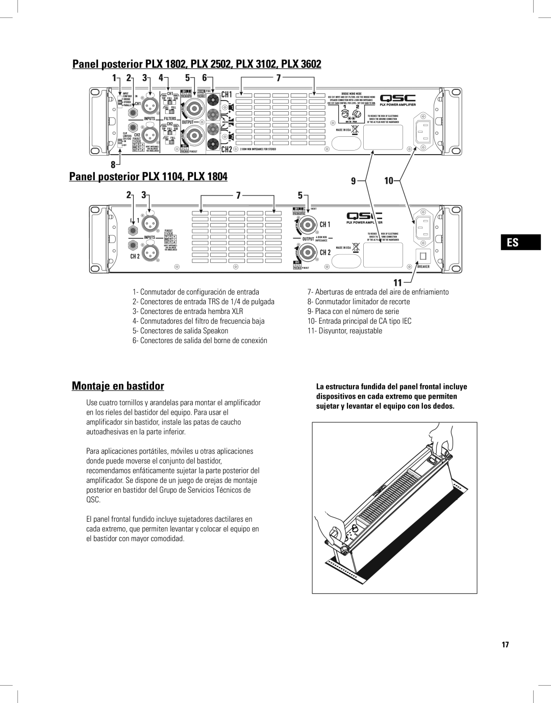 QSC Audio PLX1802, PLX1804, PLX2502, PLX3102, PLX3602 user manual Montaje en bastidor, Conmutador de configuración de entrada 