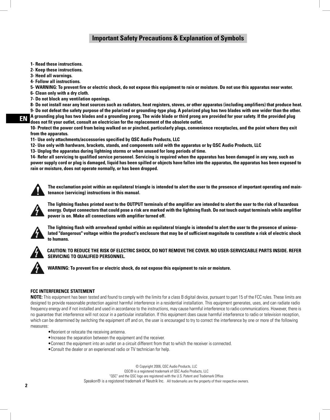 QSC Audio PLX1802, PLX1804, PLX2502 Important Safety Precautions & Explanation of Symbols, FCC Interference Statement 