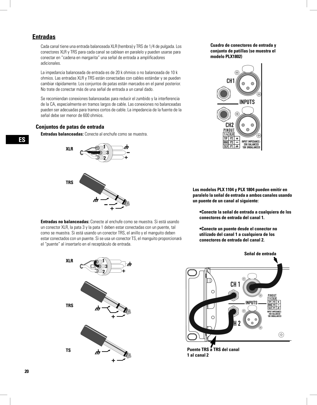 QSC Audio PLX1804, PLX2502 Conjuntos de patas de entrada, Entradas balanceadas Conecte al enchufe como se muestra 