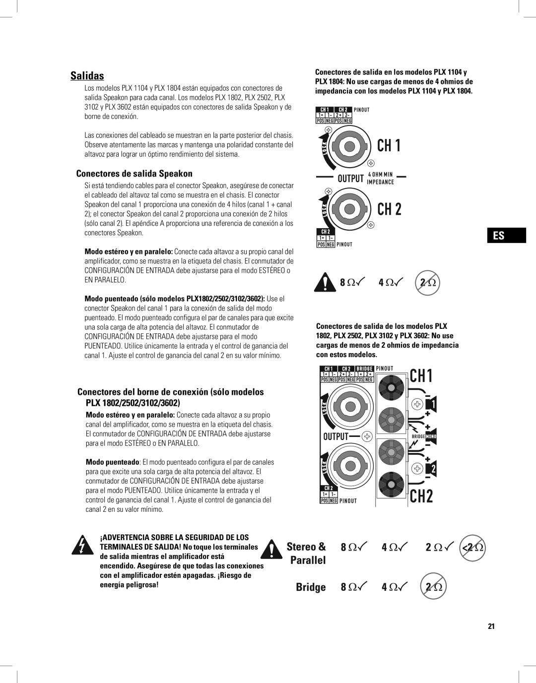 QSC Audio PLX2502, PLX1804, PLX1802, PLX3102, PLX3602 user manual Salidas, Conectores de salida Speakon 