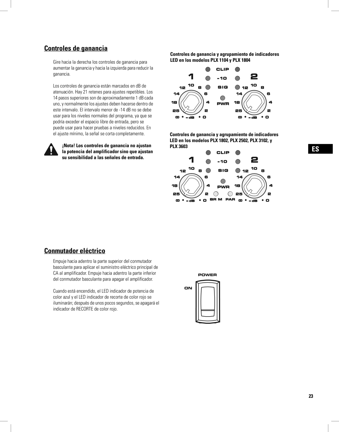 QSC Audio PLX3102, PLX1804, PLX2502, PLX1802, PLX3602 user manual Controles de ganancia, Conmutador eléctrico 